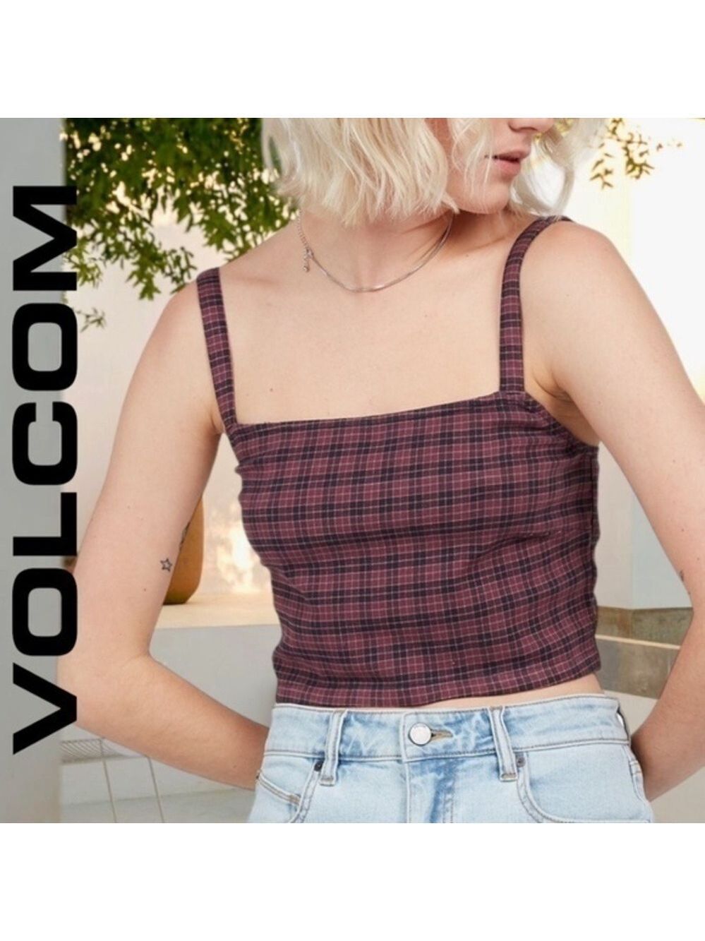VOLCOM ChickCheck Urself Plaid Tailored Crop Top w/Adjustable Straps/XL NWT